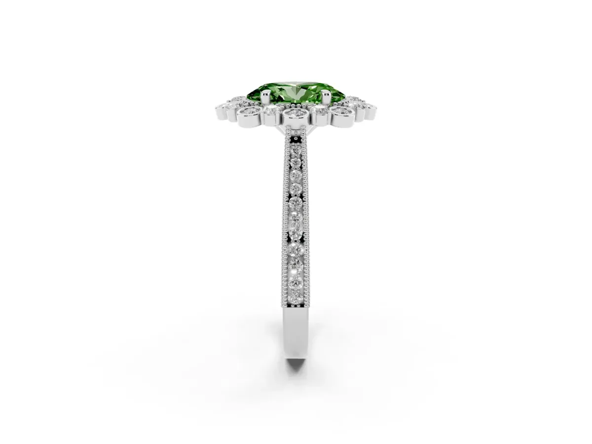 Fancy Green Oval Cut Halo Milgrain Pave Diamond Ring with Four-Prong Setting Silver