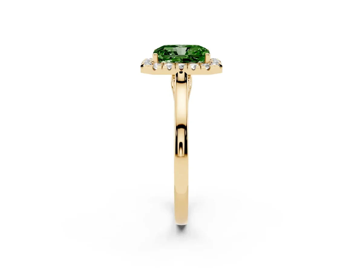 Fancy Green Radiant Cut Halo Round Diamond Solitaire Ring with Pavé Band and Four-Prong Setting Yellow gold