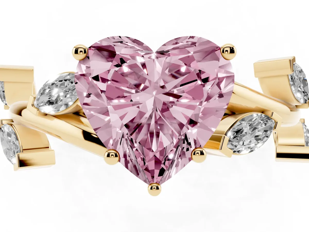 Fancy Pink Heart Cut Solitaire Twisted Band Marquise Accent Prong Setting Ring Yellow gold