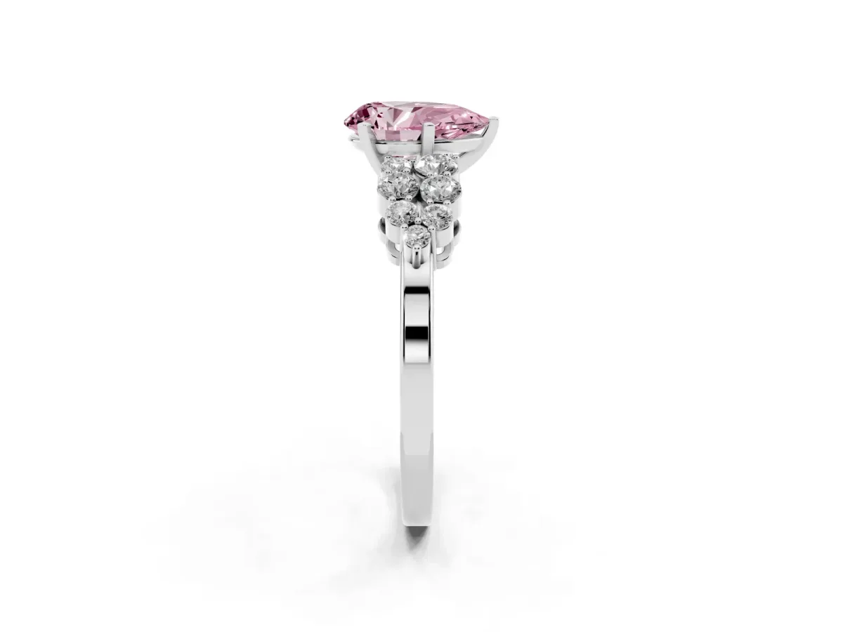Fancy Pink Pear Cut Cluster Diamond Engagement Ring with Pavé Band and Four-Prong Setting Silver
