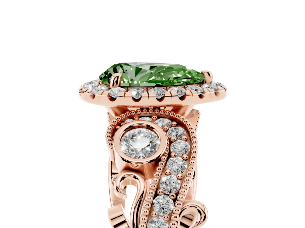 Fancy Green Pear Cut Diamond Halo Ring with Milgrain Pavé Band and Four-Prong Setting Rose gold