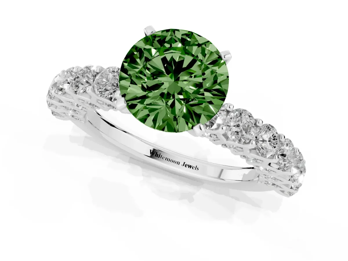 Fancy Green Round Cut Diamond Solitaire Ring with Shared Prong Pavé Band and Four-Prong Setting Silver