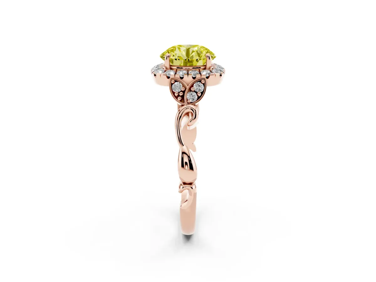 Fancy Yellow Round Cut Halo Diamond Engagement Ring with Vintage-Inspired Band and Four-Prong Setting Rose gold