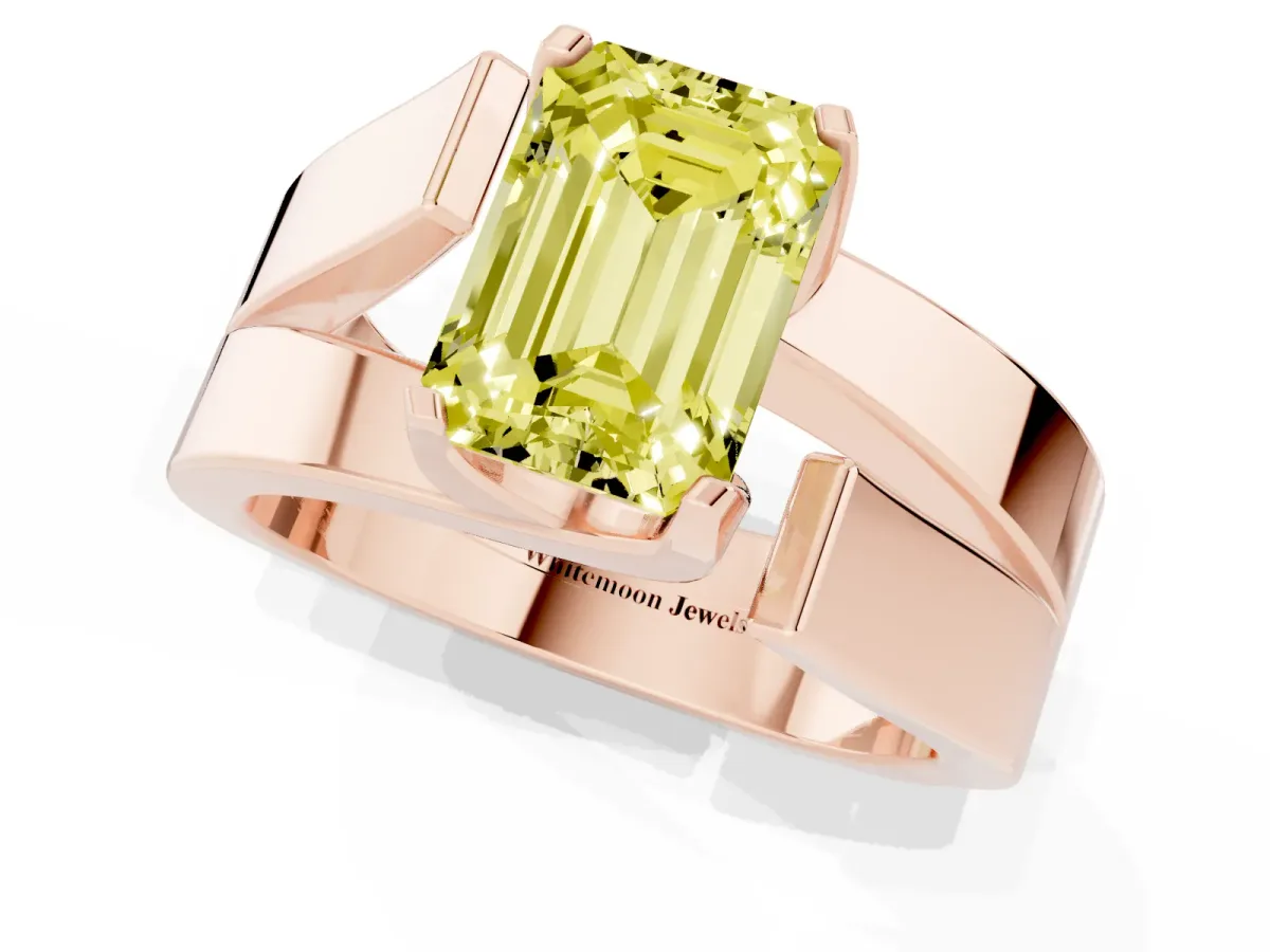 Fancy Yellow Modern Tension Set Emerald Cut Diamond Solitaire Wide Band Ring Rose gold