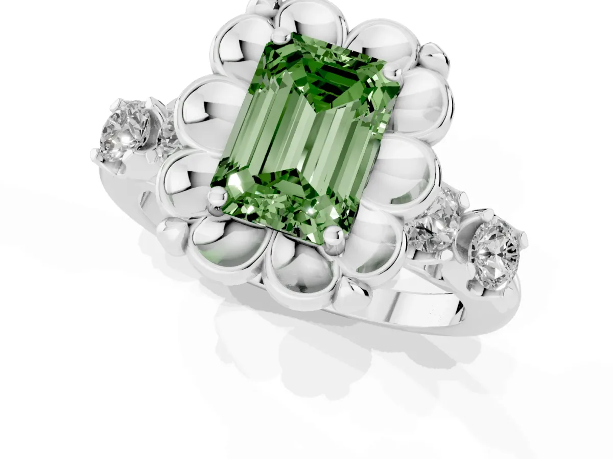 Fancy Green Emerald Cut Cut Diamond Floral Halo Engagement Ring with Shared Prong Setting Silver