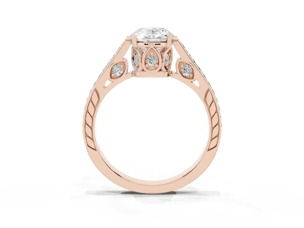 Oval Cut Cut Cathedral Pave Diamond Engagement Ring with Six-Prong Setting Rose gold