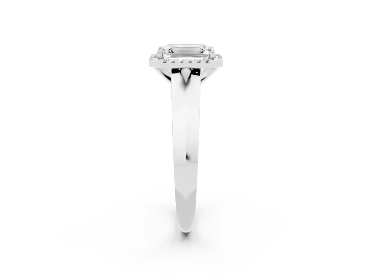 Emerald Cut Halo Diamond Ring with Cathedral Band and Four-Prong Setting White gold
