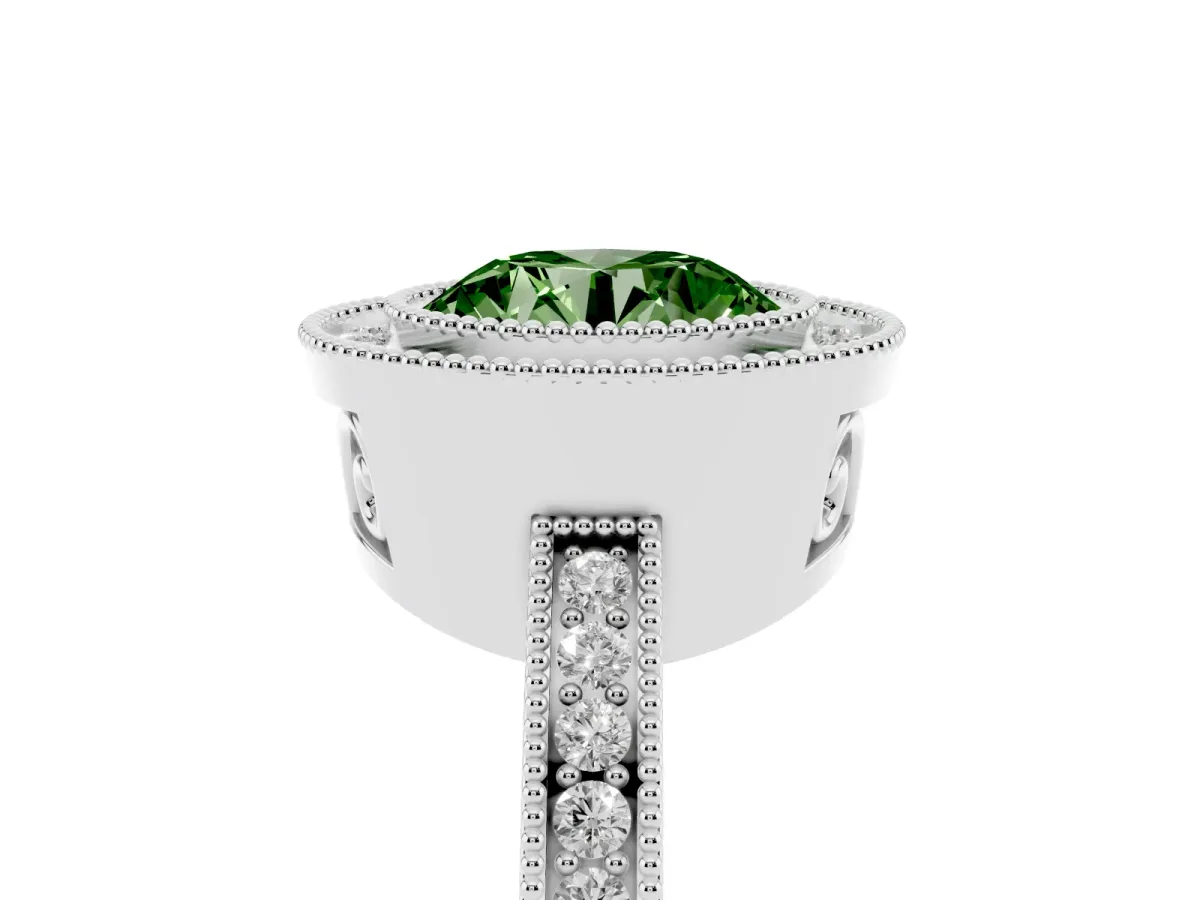 Fancy Green Round Cut Cut Halo Diamond Ring with Pavé Band and Milgrain Prong Setting White gold
