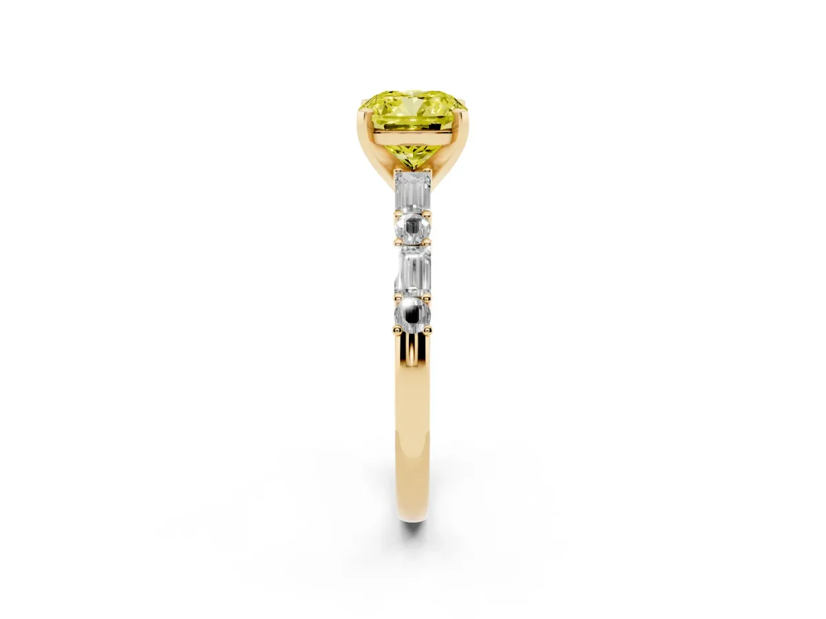 Fancy Yellow Cushion Cut Diamond Solitaire with Side Baguettes and Channel Set Band Yellow gold