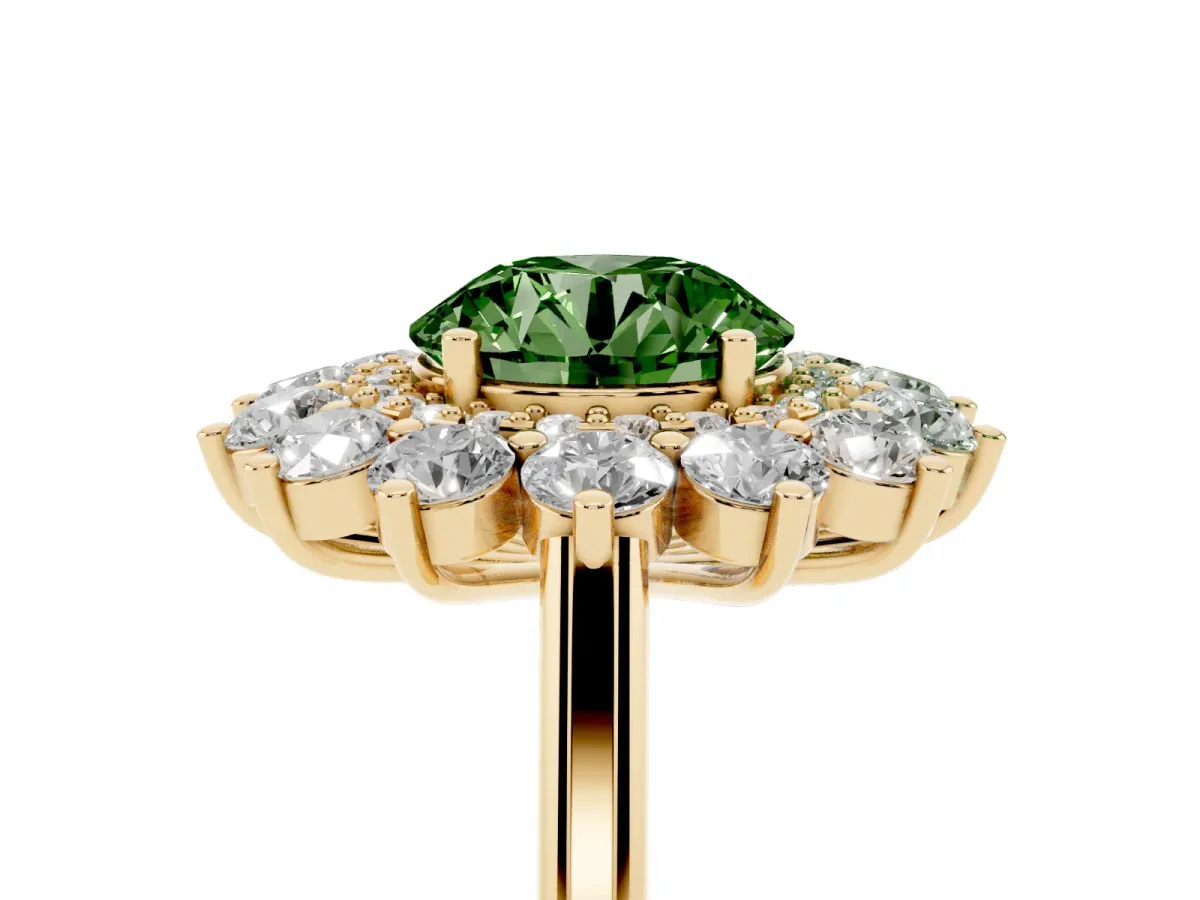 Fancy Green Round Cut Diamond Floral Double Halo Engagement Ring with Prong Setting Yellow gold
