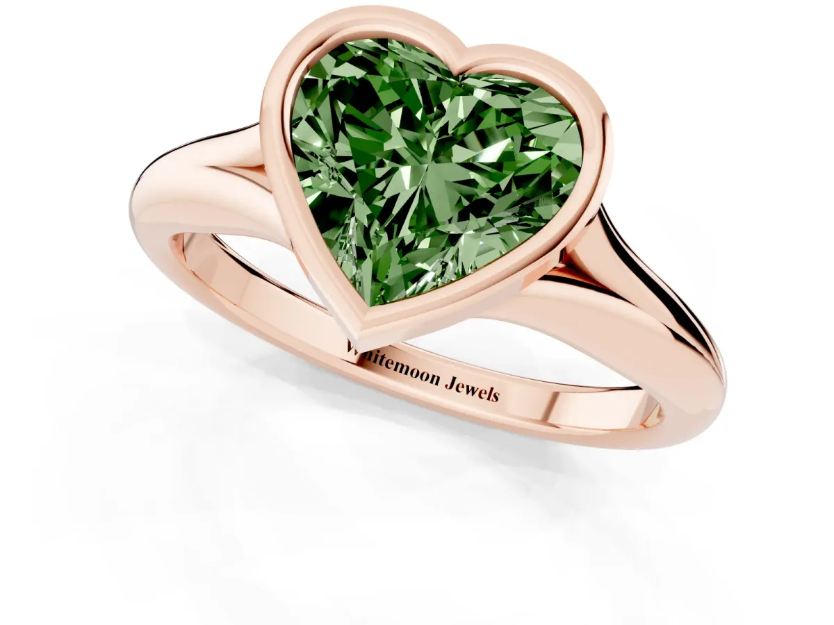 Fancy Green Bezel Set Heart Cut Solitaire Diamond Ring with Smooth Band Rose gold