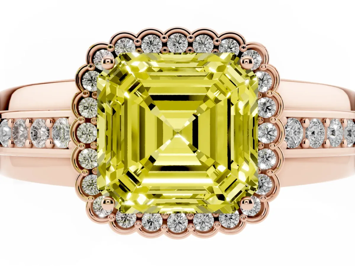 Fancy Yellow Asscher Cut Cut Halo Pave Band Four-Prong Ring Rose gold