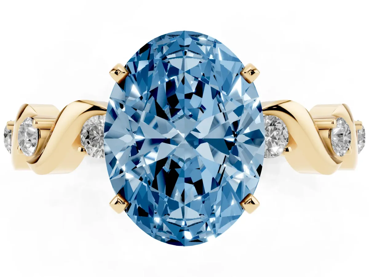 Fancy Blue Oval Cut Diamond Solitaire Twisted Band with Round Accents and Prong Setting Yellow gold