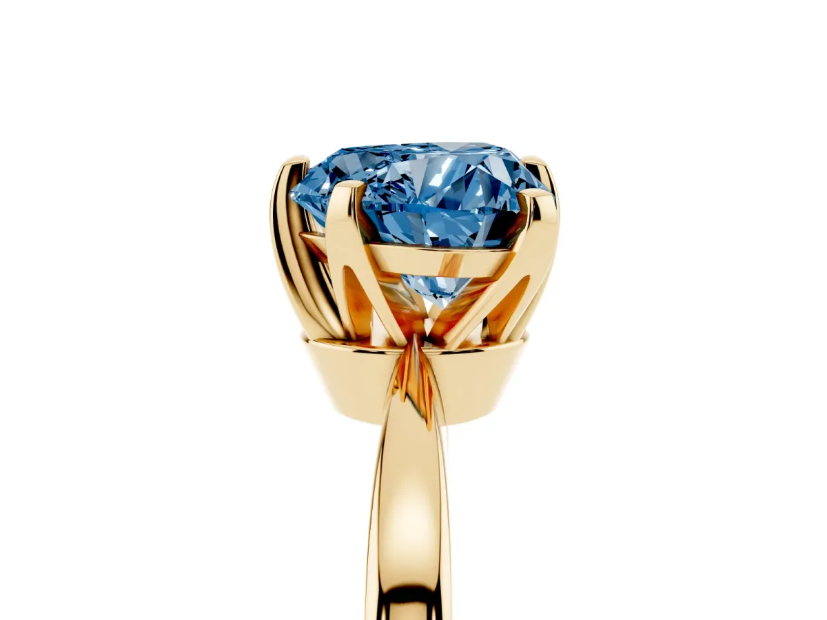 Fancy Blue Heart Cut Solitaire Engagement Ring with Six-Prong Setting and Tapered Band Yellow gold