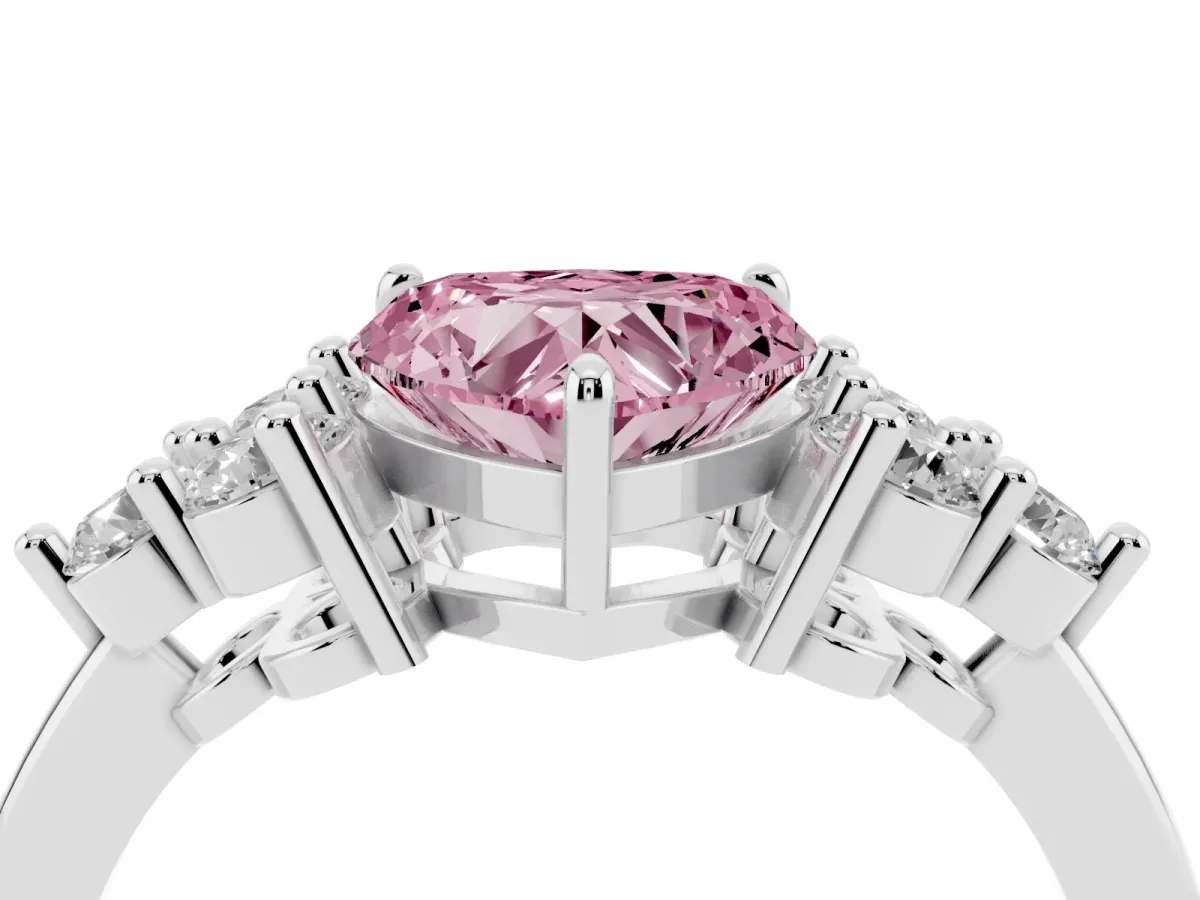 Fancy Pink Heart Cut Brilliant Diamond Cluster Accent Solitaire Ring with Prong Setting Silver