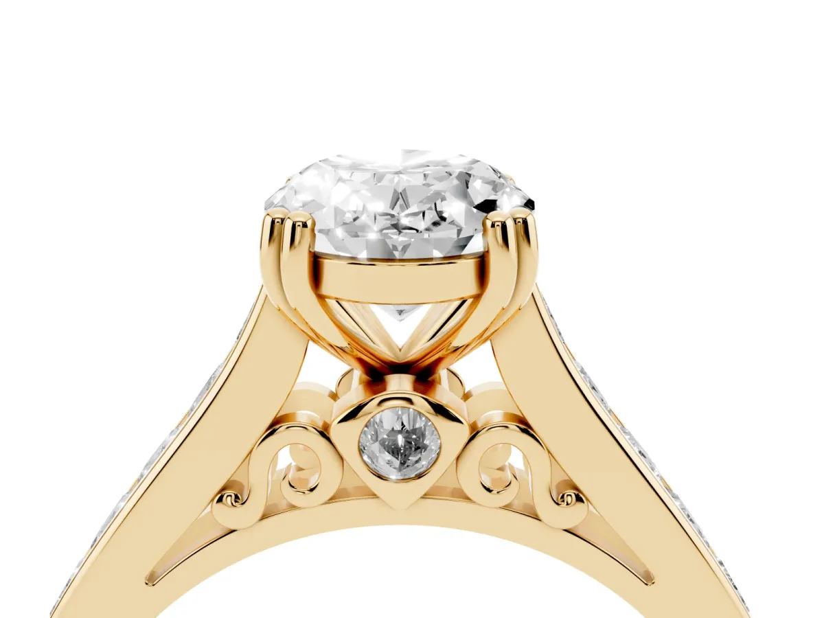 Oval Cut Cut Channel Set Solitaire Engagement Ring with Prong Setting Yellow gold