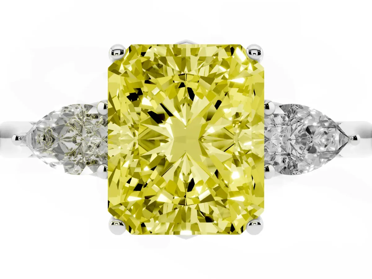 Fancy Yellow Radiant Cut Diamond Three-Stone Ring with Pear Side Stones and Prong Setting Silver