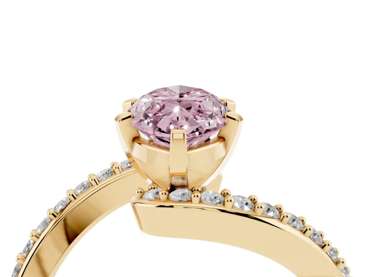 Fancy Pink Marquise Cut Solitaire Twist Band with Pave Set Diamonds and Four-Prong Setting Yellow gold