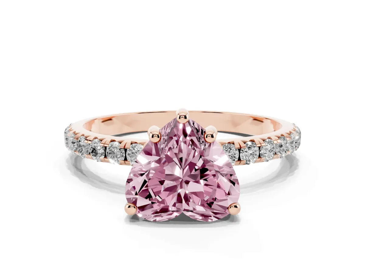Fancy Pink Heart Cut Cut Diamond Solitaire Ring with Micro Pave Band and Four Prong Setting Rose gold