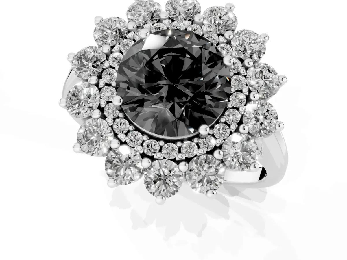Fancy Black Round Cut Diamond Floral Double Halo Engagement Ring with Prong Setting Platinum
