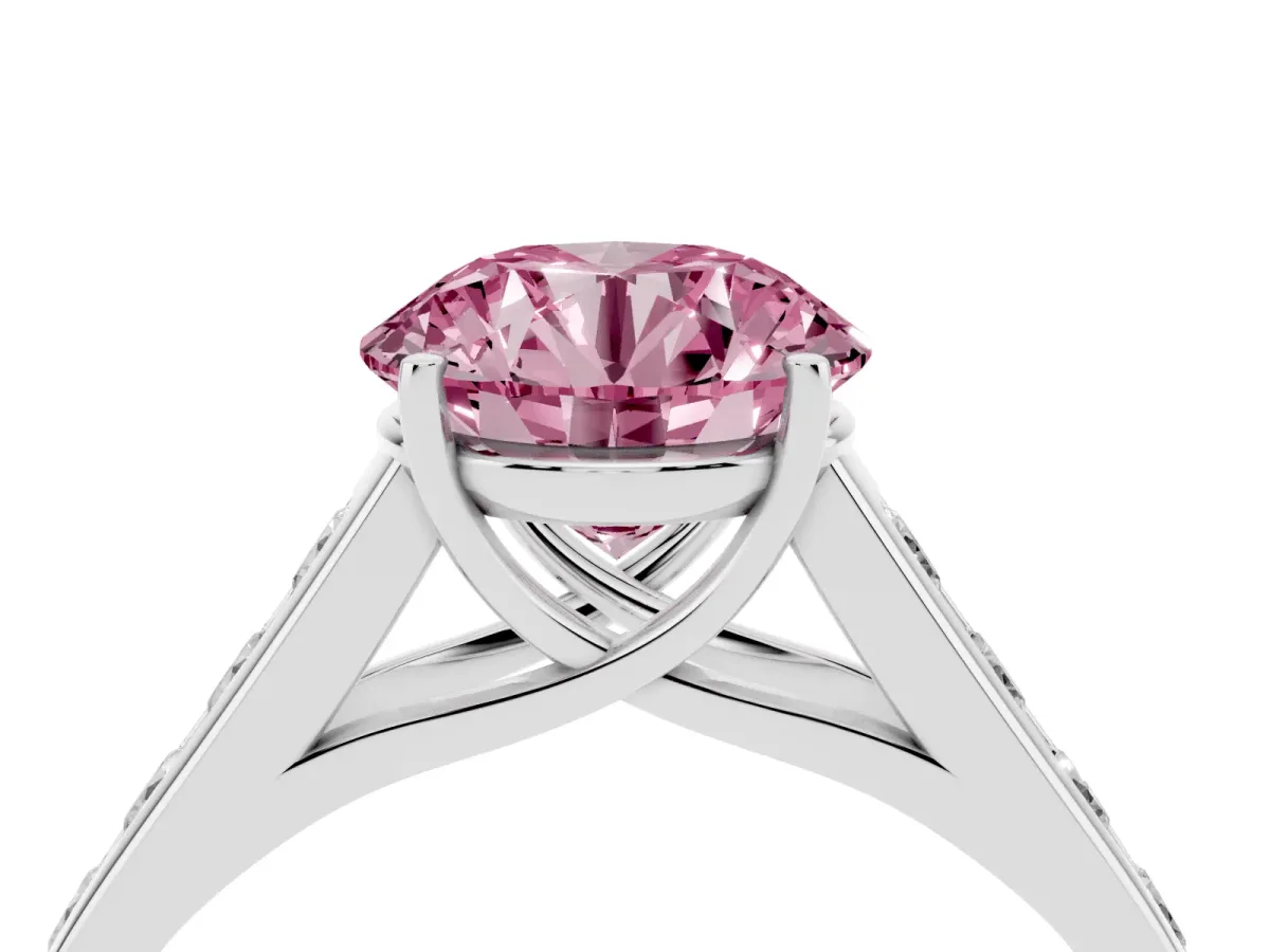Fancy Pink Round Cut Brilliant Channel-Set Solitaire Ring with Four-Prong Setting Silver