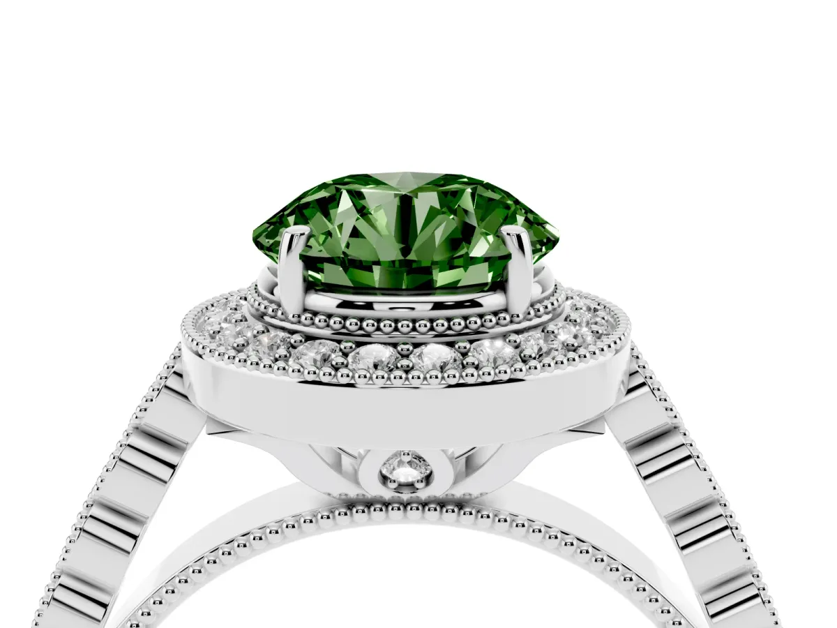 Fancy Green Round Cut Halo Milgrain Solitaire with Bezel Set Side Stones and Pave Band Platinum