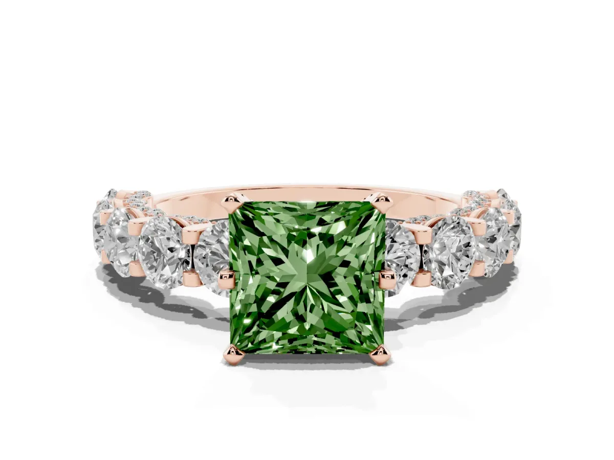Fancy Green Princess Cut Diamond Side Stone Engagement Ring with Four-Prong Setting Rose gold