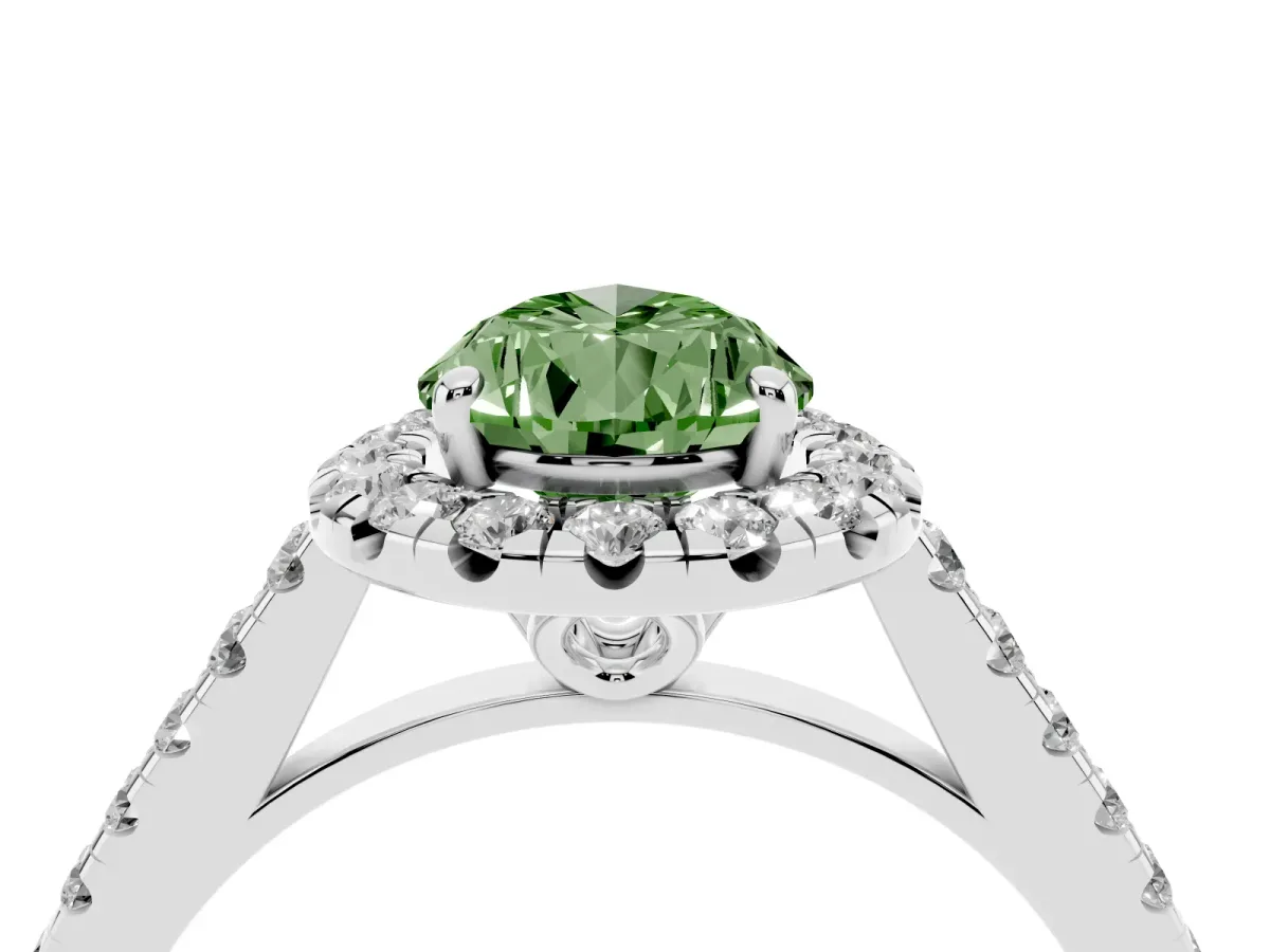 Fancy Green Pear Cut Halo Pavé Diamond Engagement Ring with Four-Prong Setting Silver