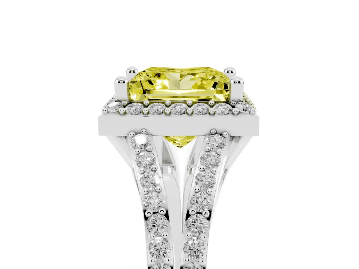 Fancy Yellow Princess Cut Halo Split Shank Diamond Ring with Prong Setting Silver