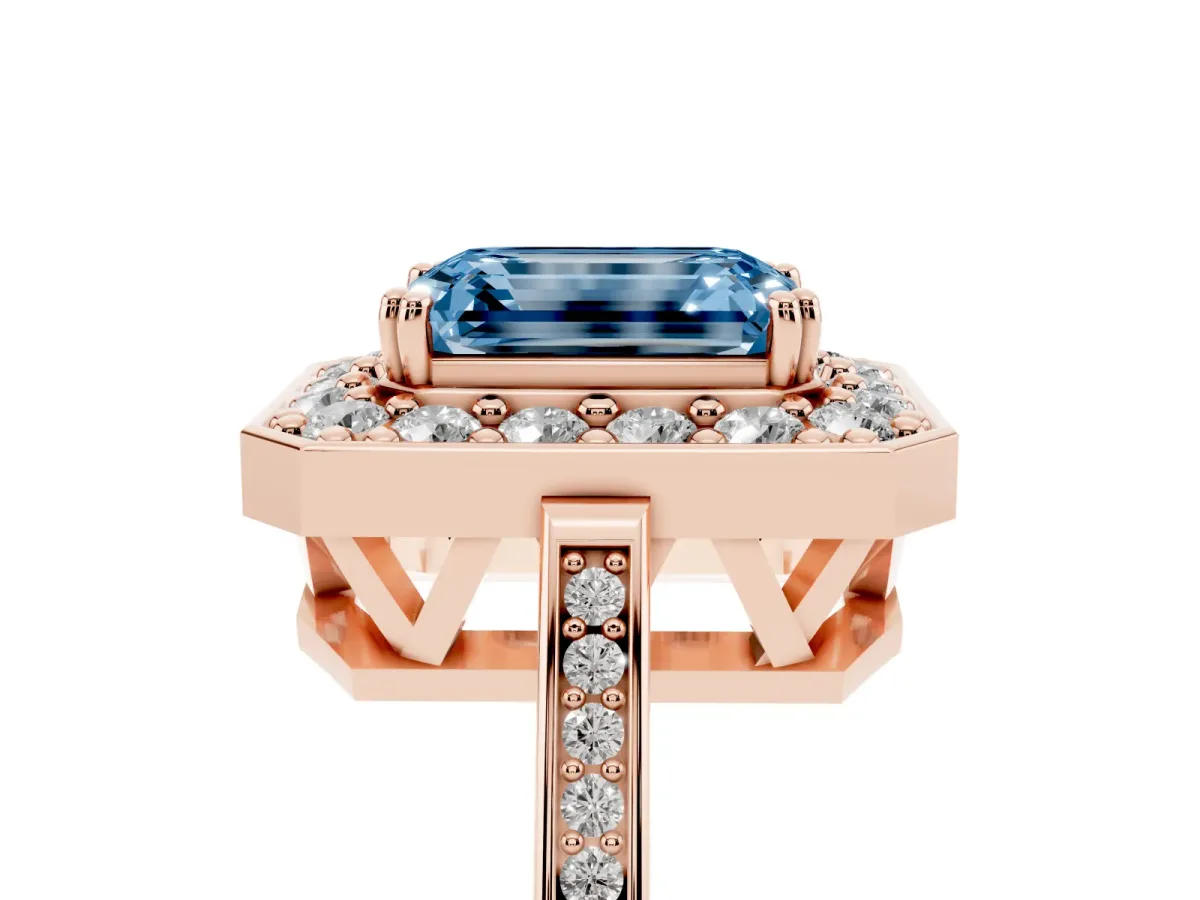 Fancy Blue Emerald Cut Diamond Halo Ring with Split Shank and Four-Prong Setting Rose gold