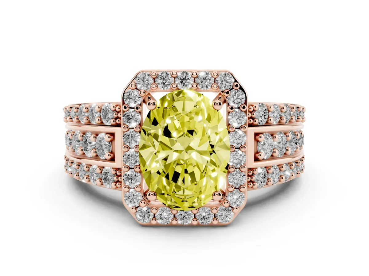 Fancy Yellow Oval Cut Halo Diamond Ring with Round Split Shank and Prong Setting Rose gold