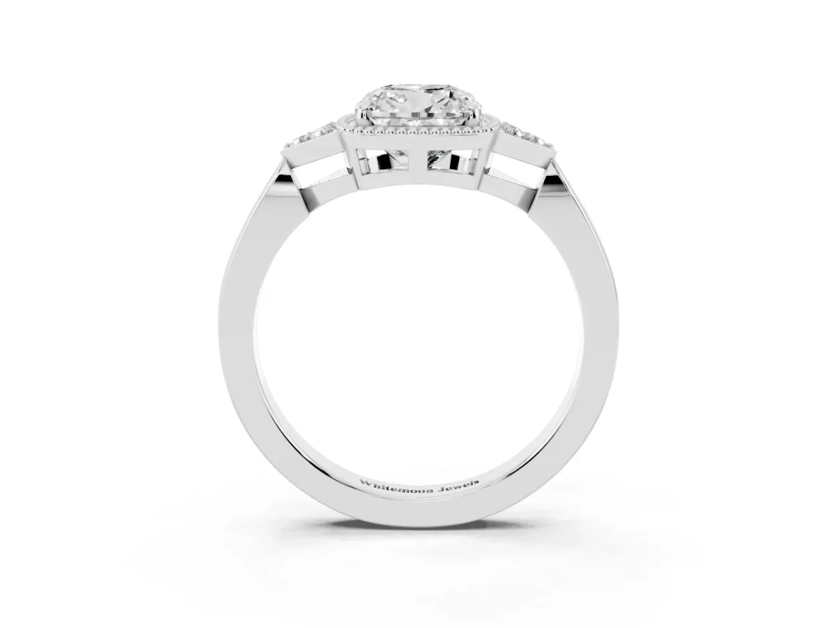 Cushion Cut Diamond Halo Ring with Tapered Band and Four-Prong Setting White gold
