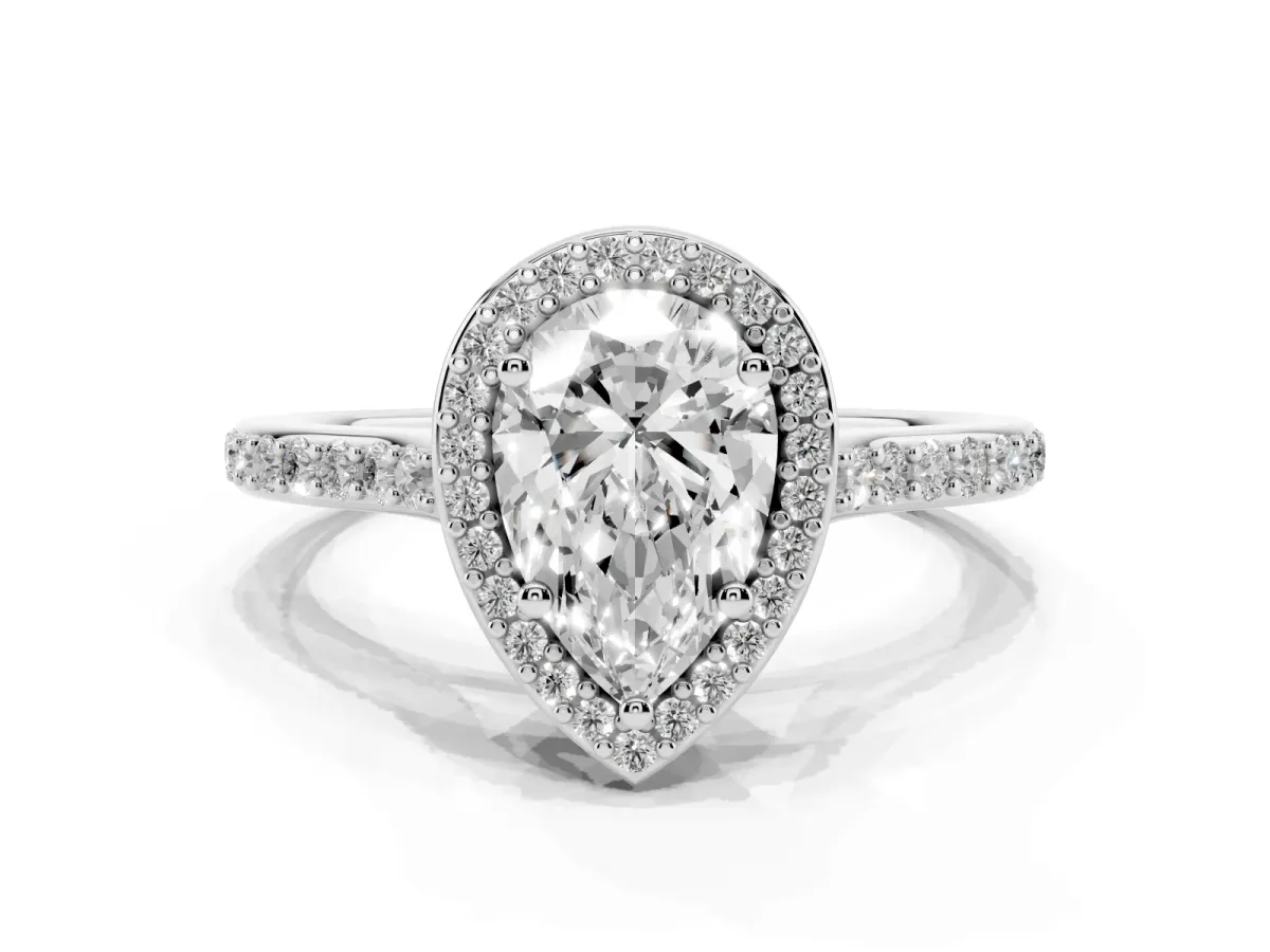 Pear Cut Diamond Halo Engagement Ring with Round Pavé Shoulders and Prong Setting Silver