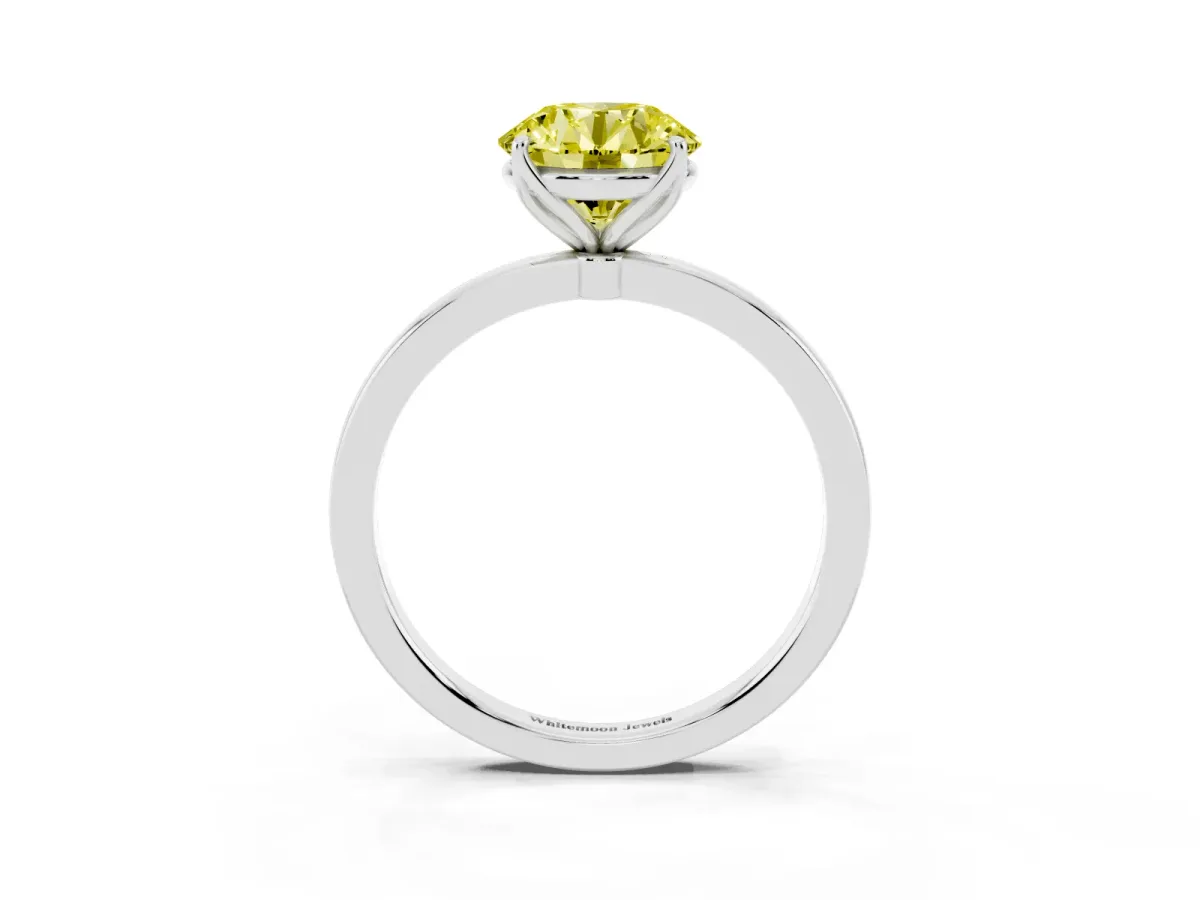 Fancy Yellow Round Cut Diamond Solitaire Ring with Thin Band and Prong Setting Silver