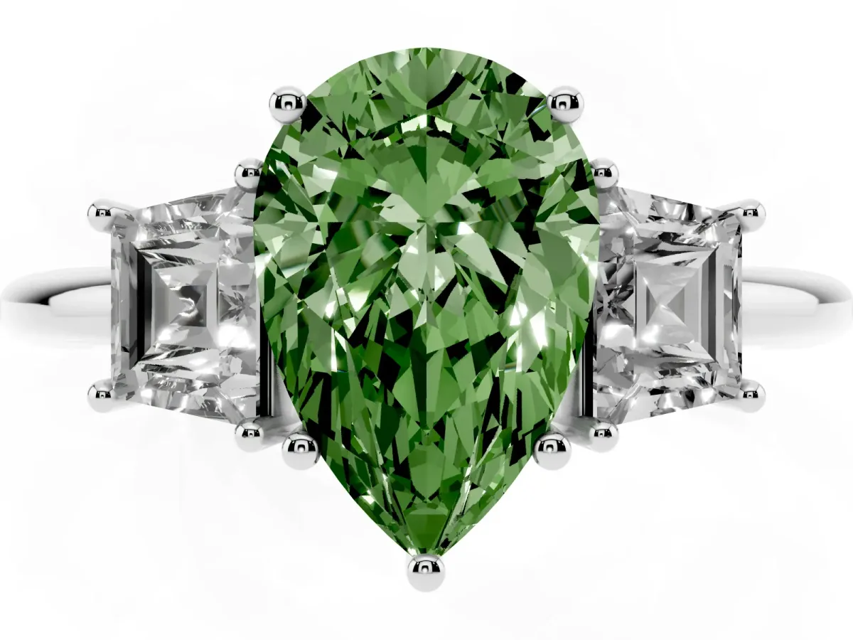 Fancy Green Pear Cut Diamond Three-Stone Ring with Trapezoid Side Stones and Prong Setting Silver