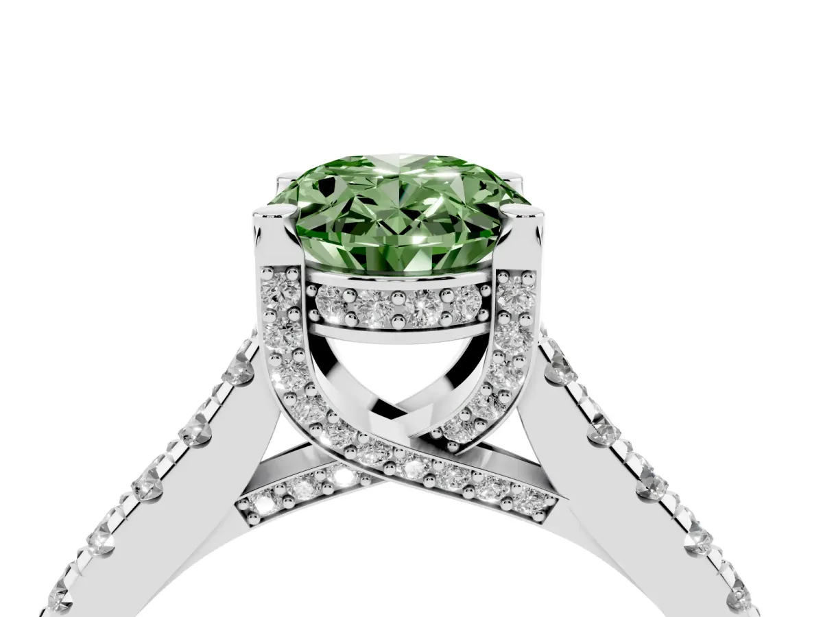 Fancy Green Oval Cut Brilliant Diamond Solitaire with Pavé Band and Four-Prong Setting Silver
