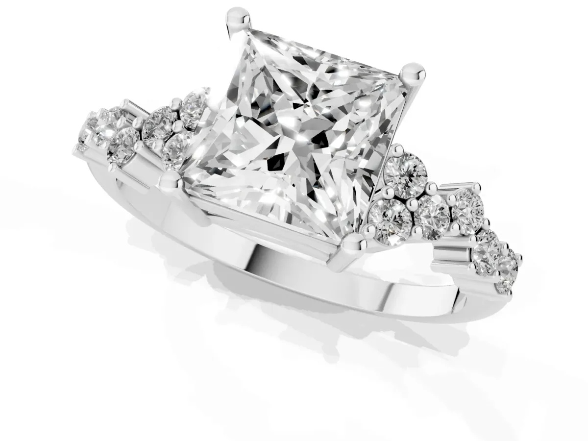 Princess Cut Diamond Scattered Round Accent Ring with Prong Setting Silver