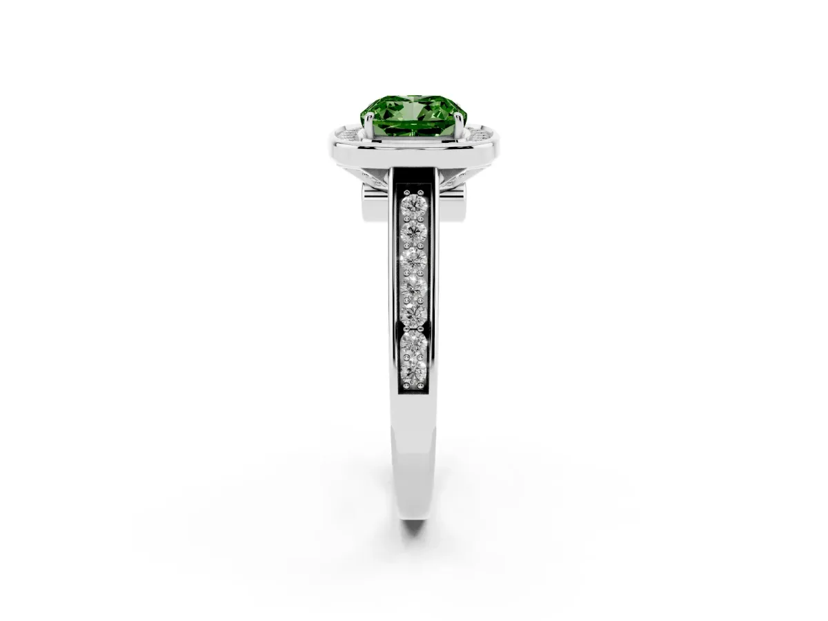 Fancy Green Cushion Cut Halo Solitaire Diamond Ring with Pave Band and Bezel Setting Platinum