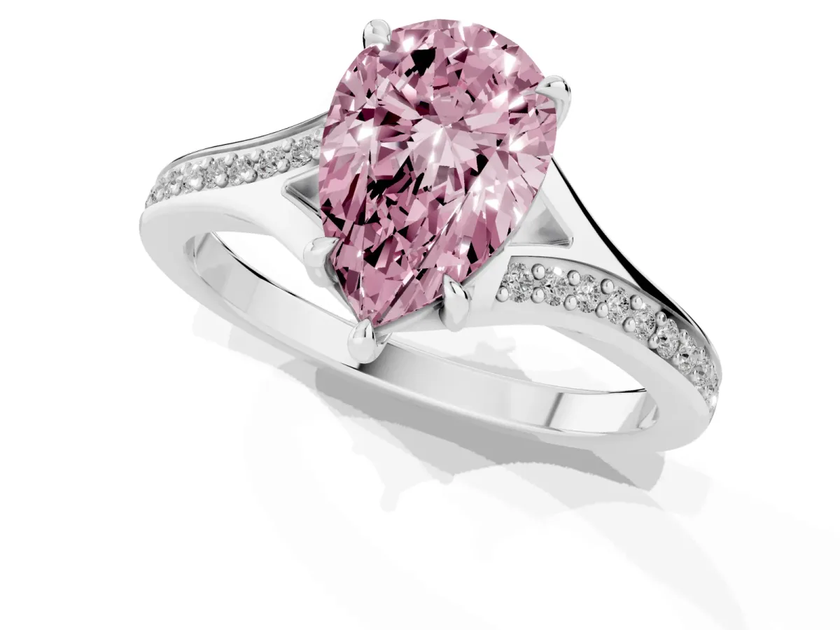 Fancy Pink Pear Cut Diamond Solitaire Ring with Pavé Band and Prong Setting Silver