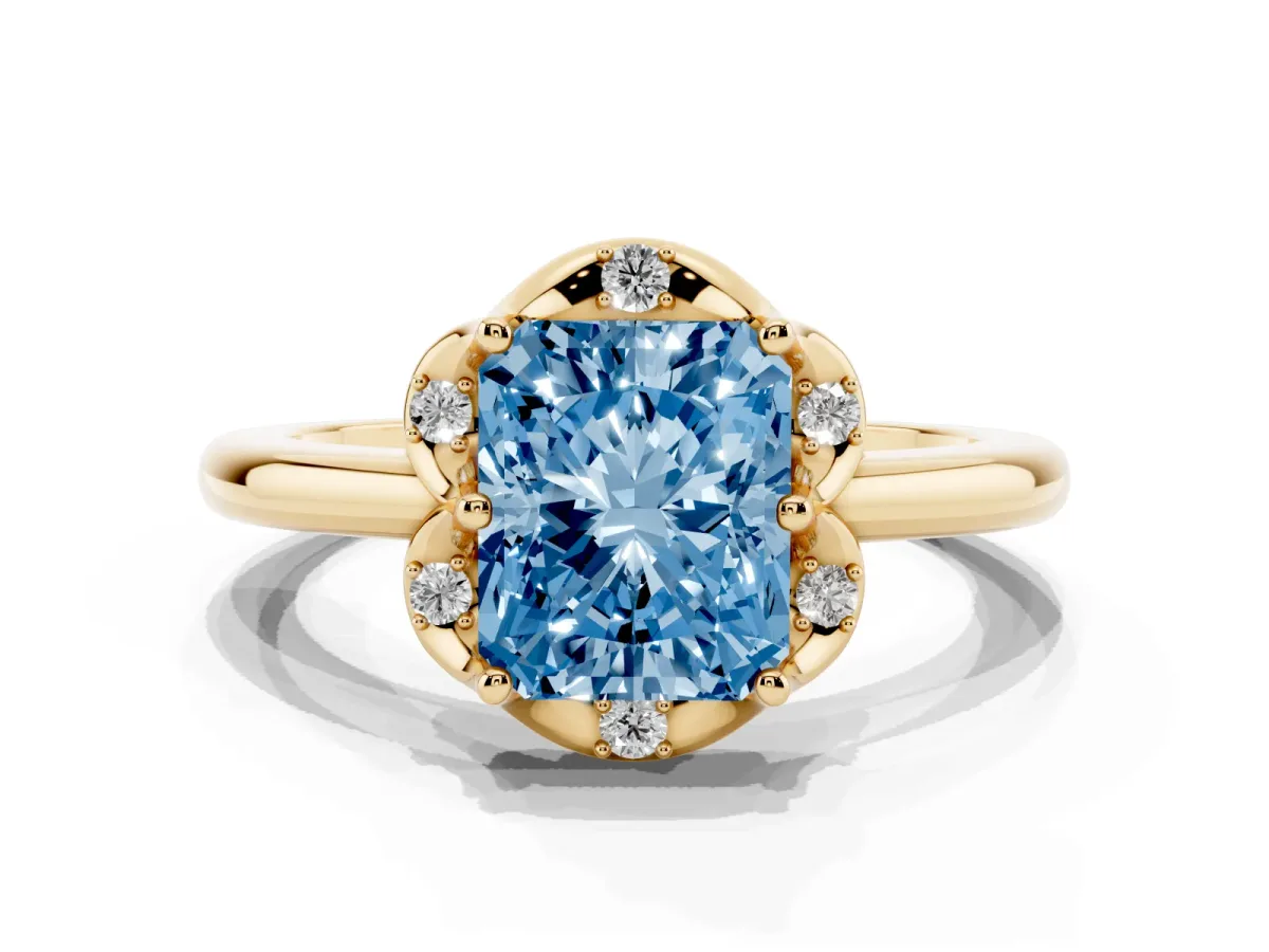 Fancy Blue Radiant Cut Halo Diamond Ring with Round Cluster Setting, Solitaire Band, and Four-Prong Setting Yellow gold