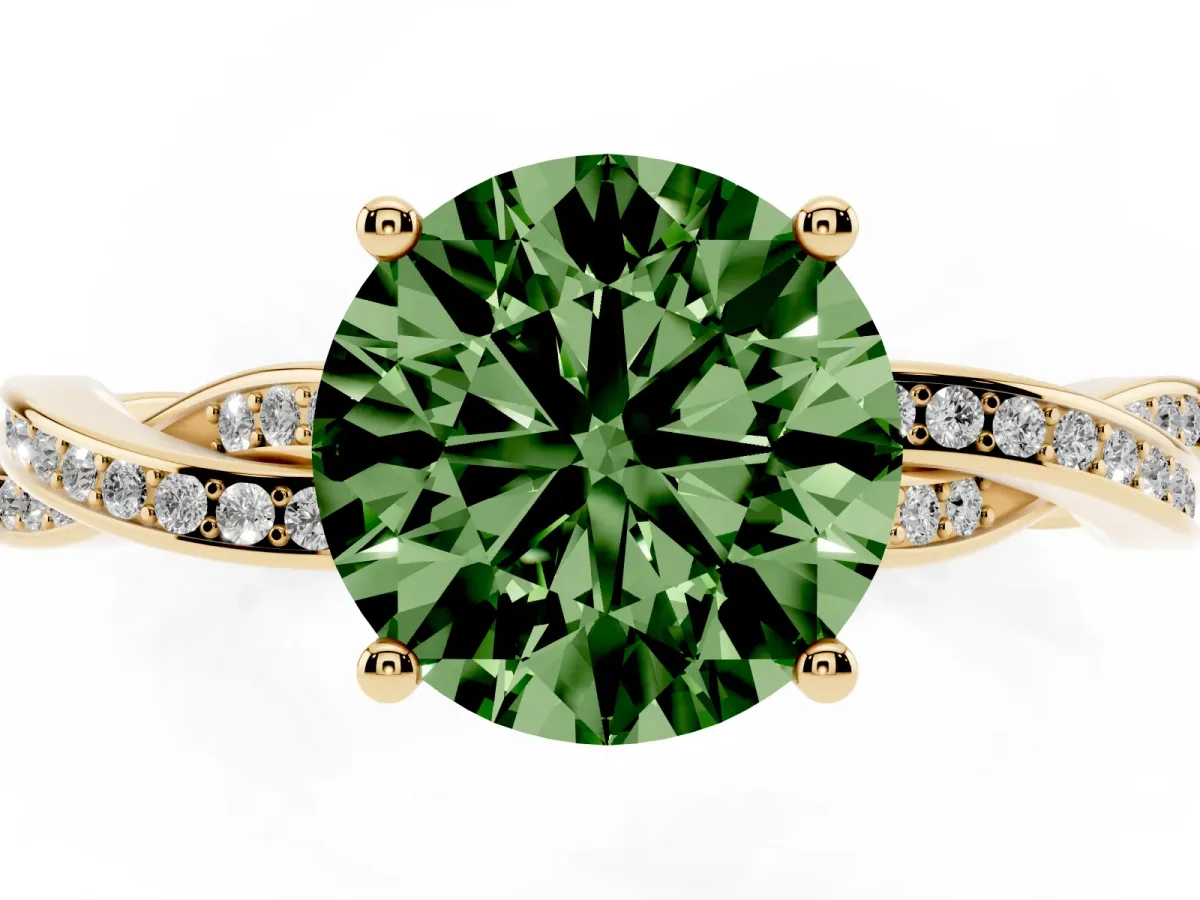 Fancy Green Round Cut Solitaire Twisted Pave Diamond Ring with Four-Prong Setting Yellow gold
