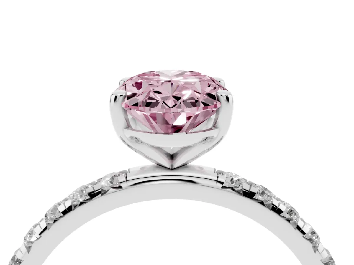 Fancy Pink Oval Cut Cut Diamond Solitaire Ring with Micro Pave Band and Four Prong Setting Silver
