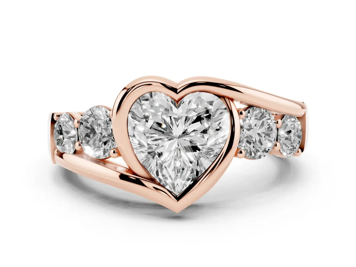 Bezel Set Heart Cut Diamond Bypass Ring with Round Accents Rose gold