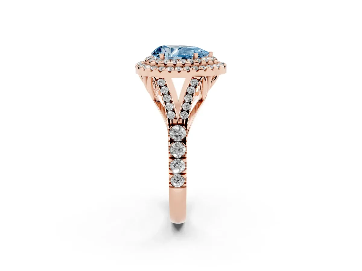 Fancy Blue Pear Cut Diamond Double Halo Ring with Split Shank and Prong Setting Rose gold