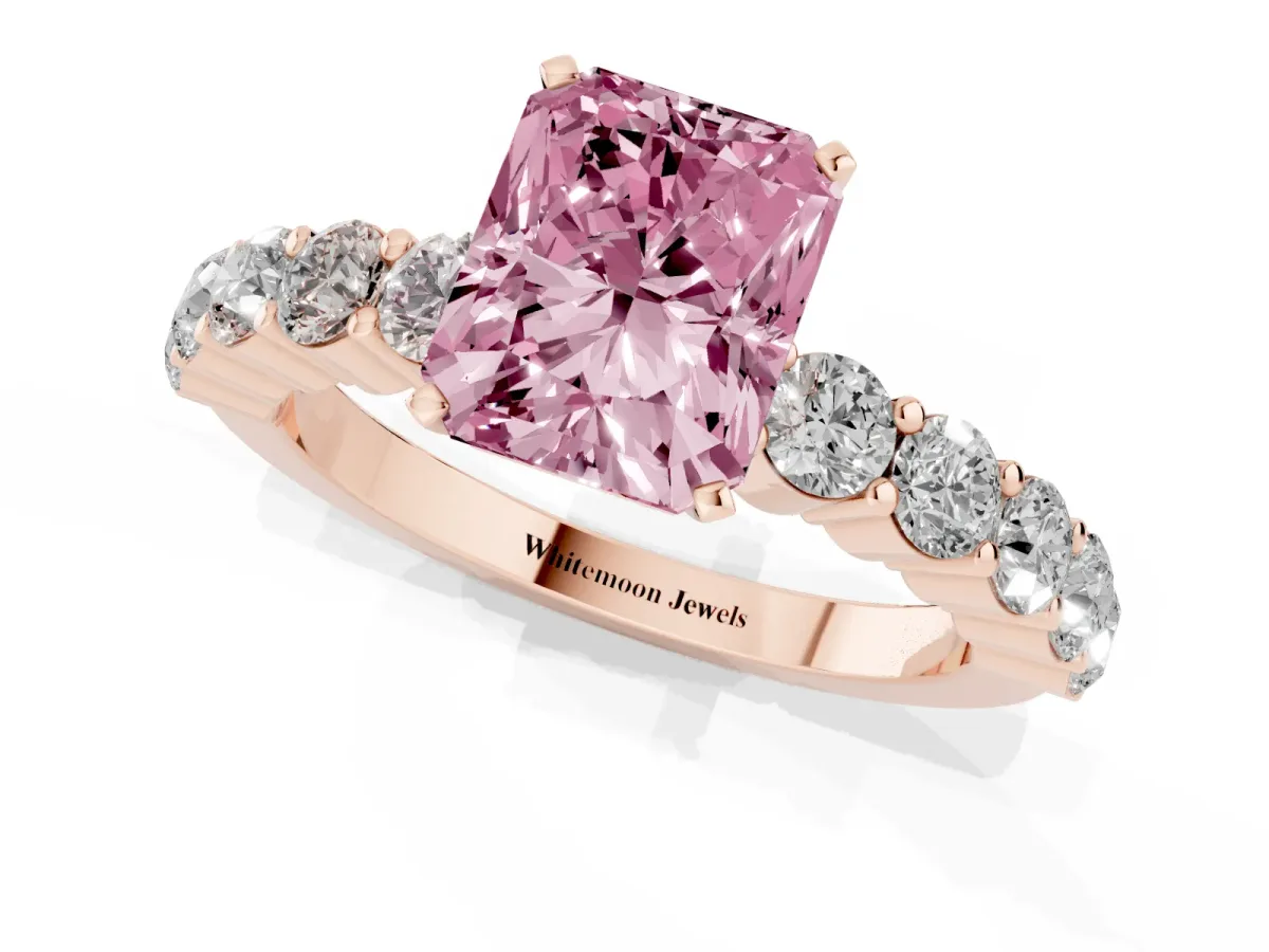Fancy Pink Radiant Cut Diamond Solitaire Ring with Shared Prong Round Side Stones Rose gold