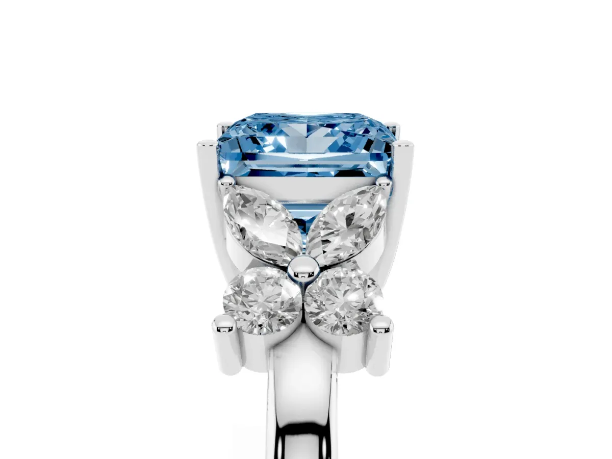 Fancy Blue Princess Cut Diamond Floral Cluster Ring with Solitaire Band and Prong Setting White gold