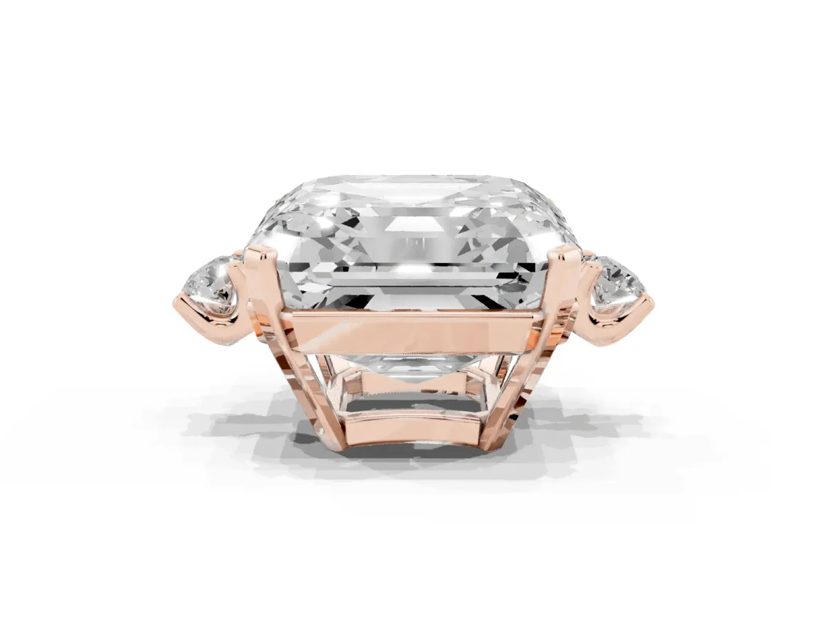 Asscher Cut Cut Three-Stone Solitaire Ring with Round Accent Diamonds and Four-Prong Setting Rose gold