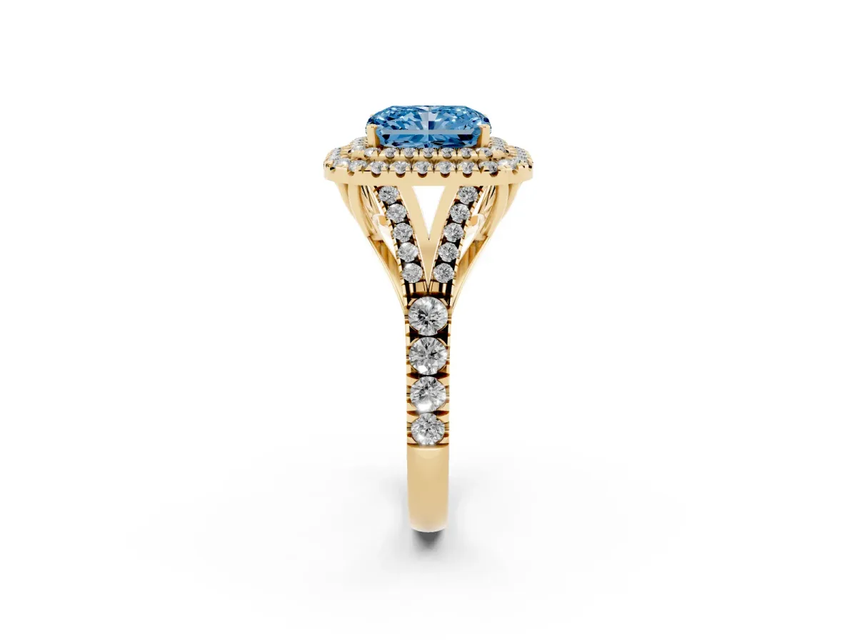Fancy Blue Radiant Cut Cut Double Halo Split Shank Diamond Ring with Prong Setting Yellow gold