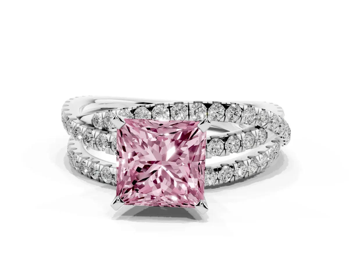 Fancy Pink Princess Cut Solitaire Twist Band with Pavé Setting and Four-Prong Setting Platinum