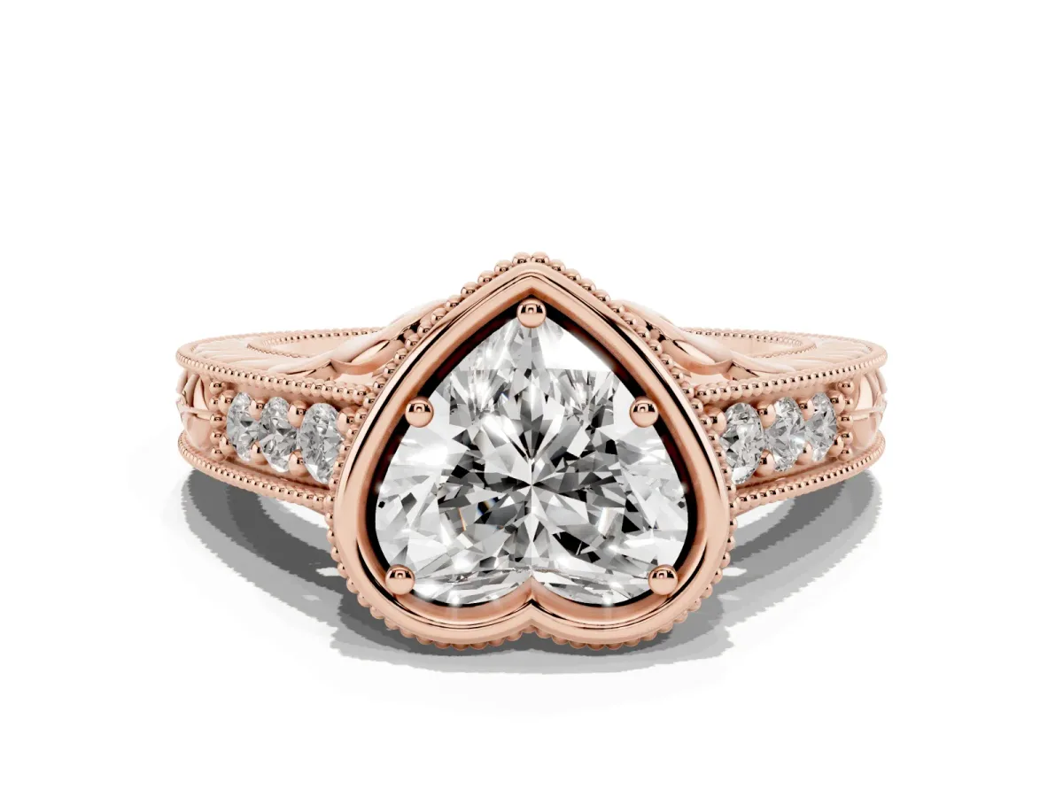 Bezel Set Heart Cut Diamond Milgrain Pave Engagement Ring Rose gold